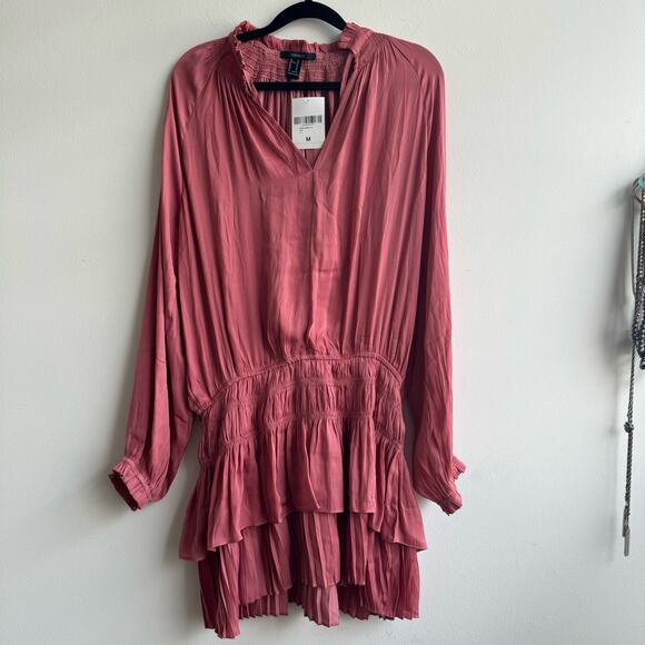 NWT - Forever 21 A Line V Neck Pink Ruffle Mini Dress - Medium - Picture 1 of 4